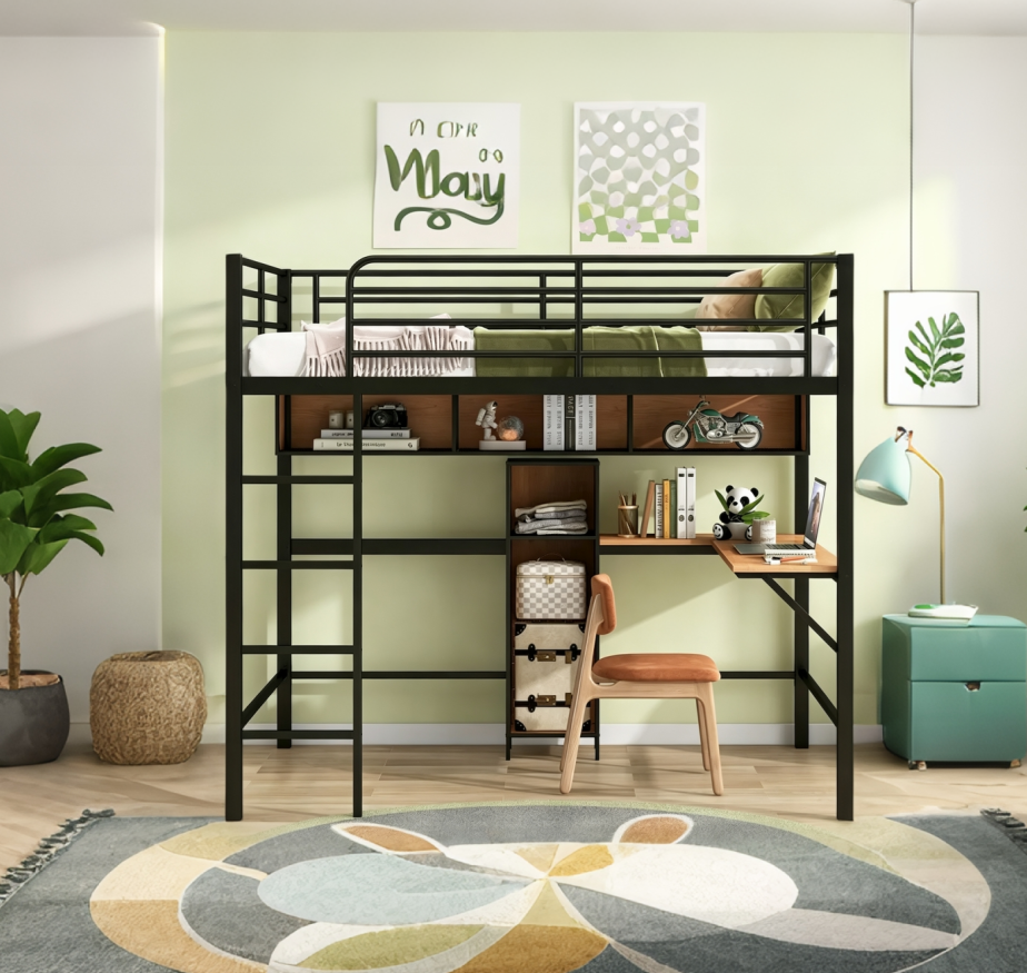 Lit mezzanine double avec bureau en L et étagères de rangement, lit mezzanine double en métal avec barrière de sécurité haute et échelle