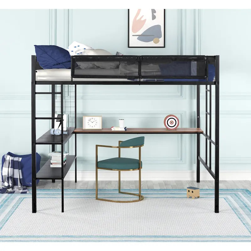 Metal Full Size Loft Bed with Desk & Shelves/ Sturdy Metal Bed Frame