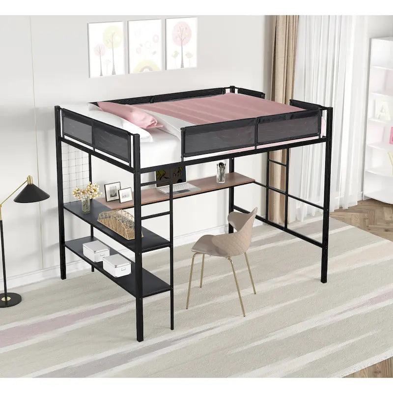 Lit mezzanine en métal pleine taille avec bureau et étagères / Cadre de lit en métal robuste