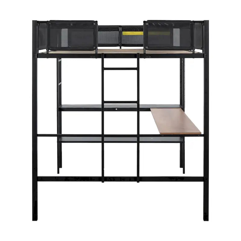 Lit mezzanine en métal pleine taille avec bureau et étagères / Cadre de lit en métal robuste