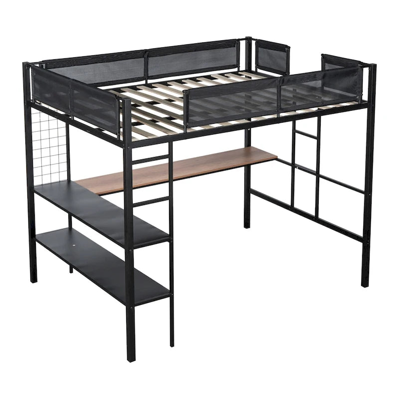 Lit mezzanine en métal pleine taille avec bureau et étagères / Cadre de lit en métal robuste