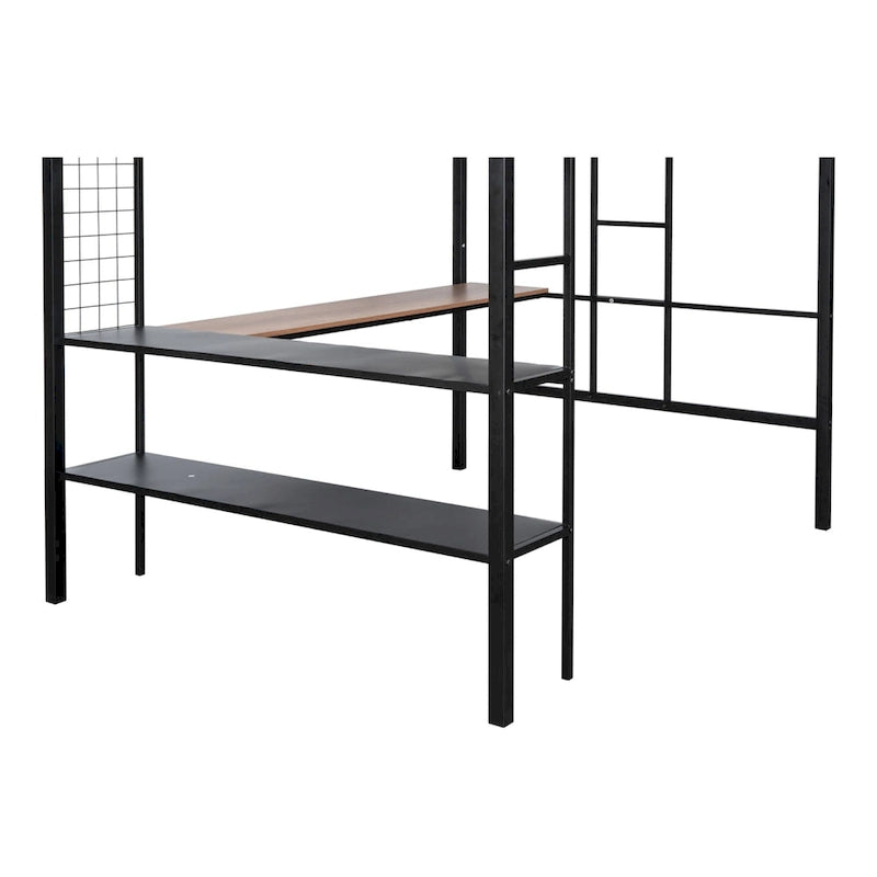 Lit mezzanine en métal pleine taille avec bureau et étagères / Cadre de lit en métal robuste