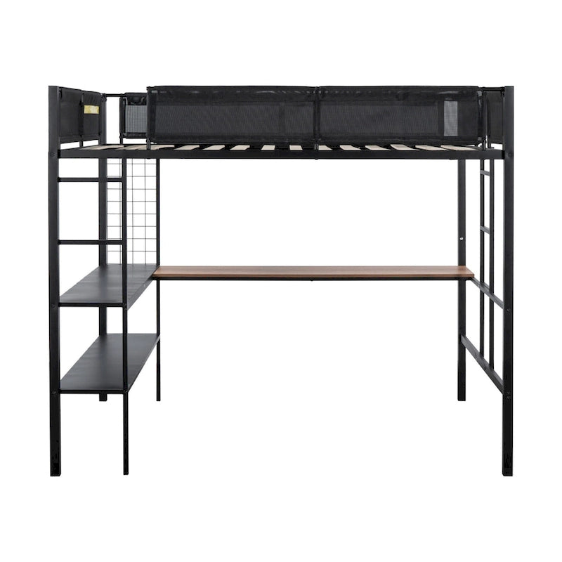 Lit mezzanine en métal pleine taille avec bureau et étagères / Cadre de lit en métal robuste