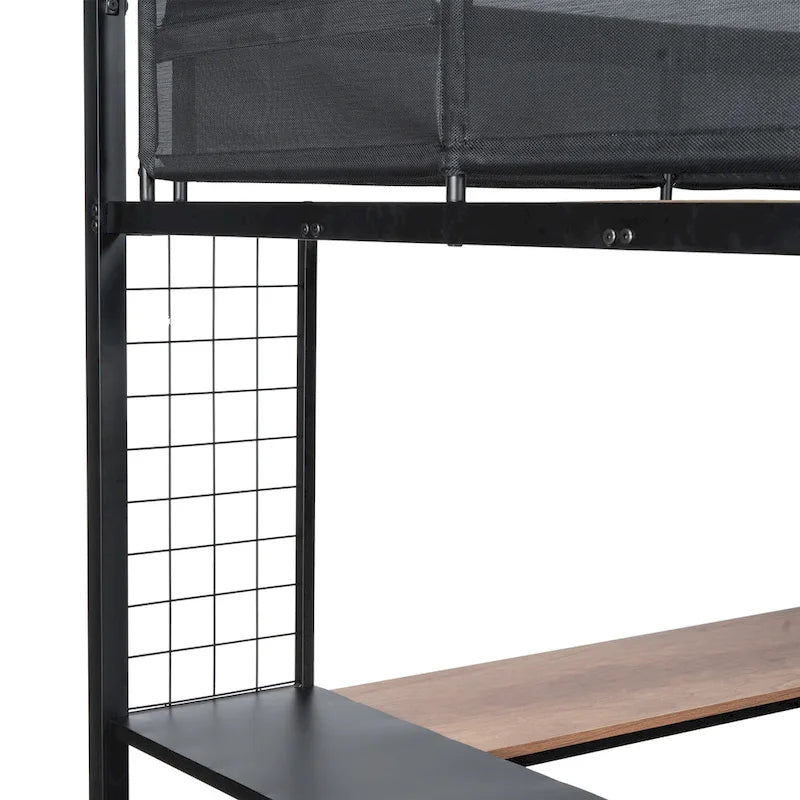 Lit mezzanine en métal pleine taille avec bureau et étagères / Cadre de lit en métal robuste