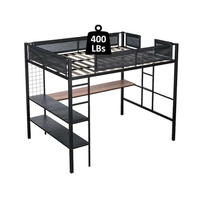 Lit mezzanine en métal pleine taille avec bureau et étagères / Cadre de lit en métal robuste
