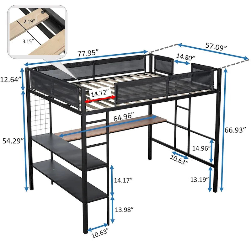 Lit mezzanine en métal pleine taille avec bureau et étagères / Cadre de lit en métal robuste