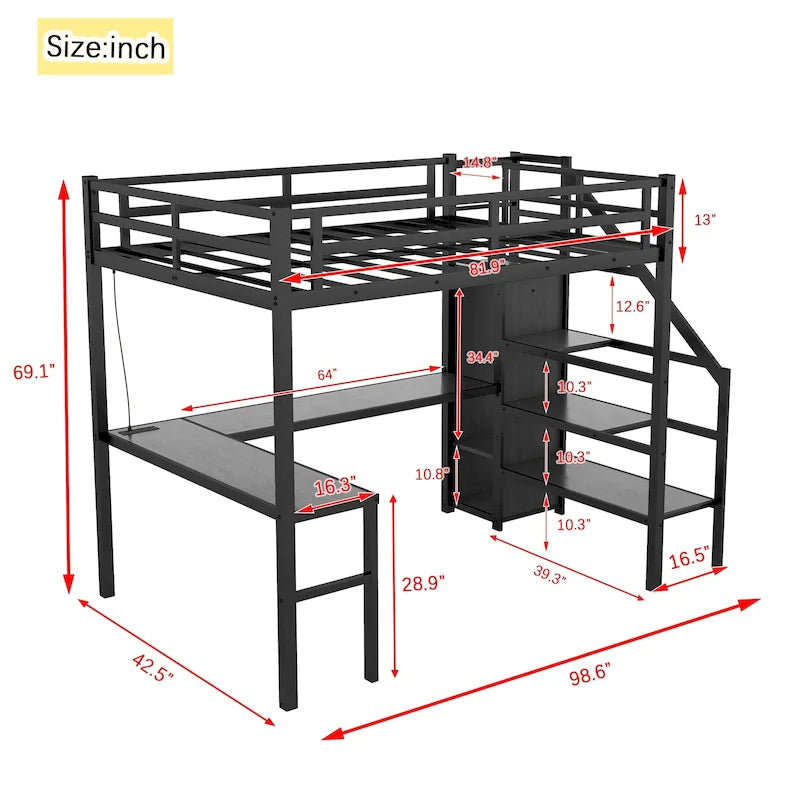 Lit surélevé double XL avec bureau en L et port USB