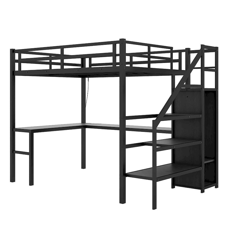 Lit surélevé double XL avec bureau en L et port USB