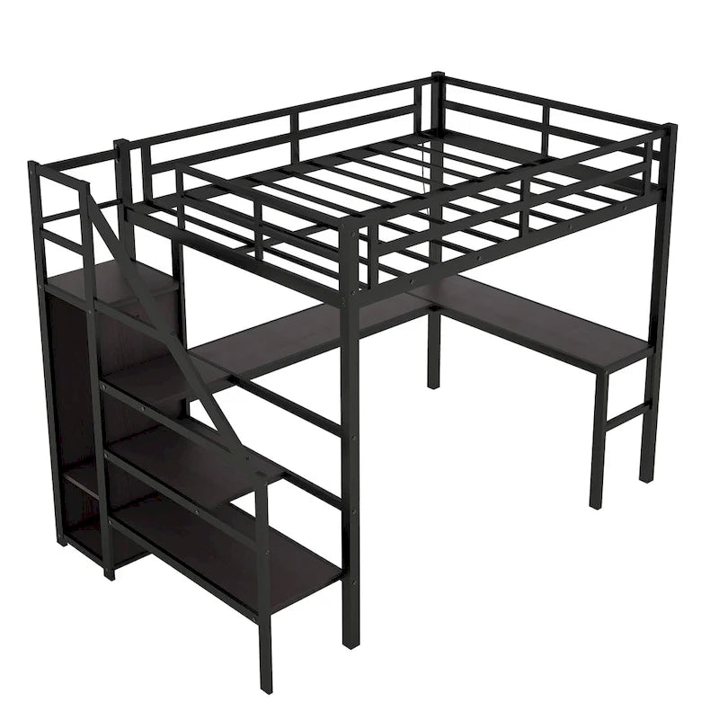 Lit surélevé double XL avec bureau en L et port USB