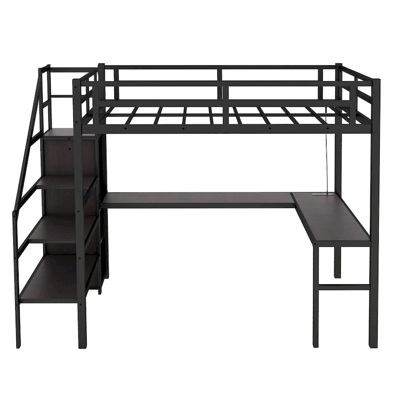 Lit surélevé double XL avec bureau en L et port USB