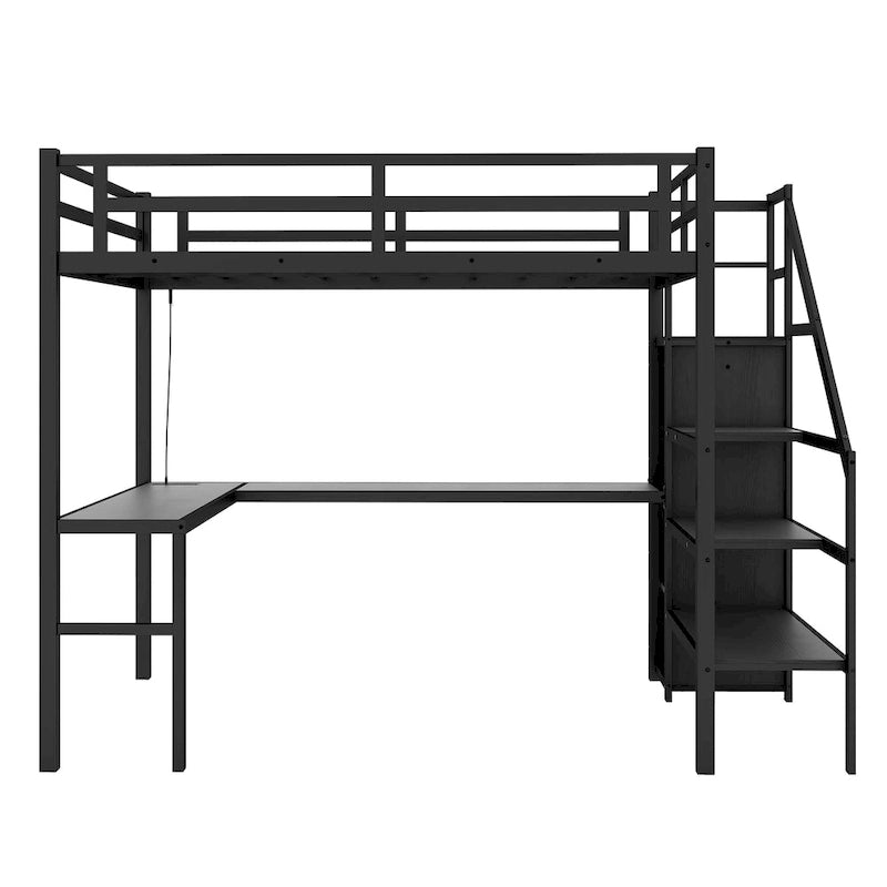 Lit surélevé double XL avec bureau en L et port USB