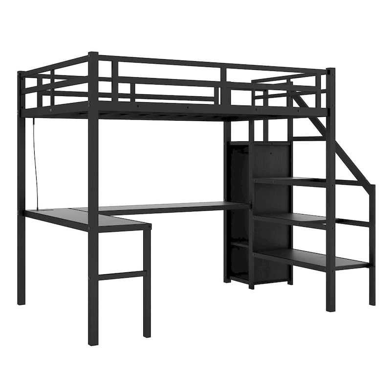 Lit surélevé double XL avec bureau en L et port USB