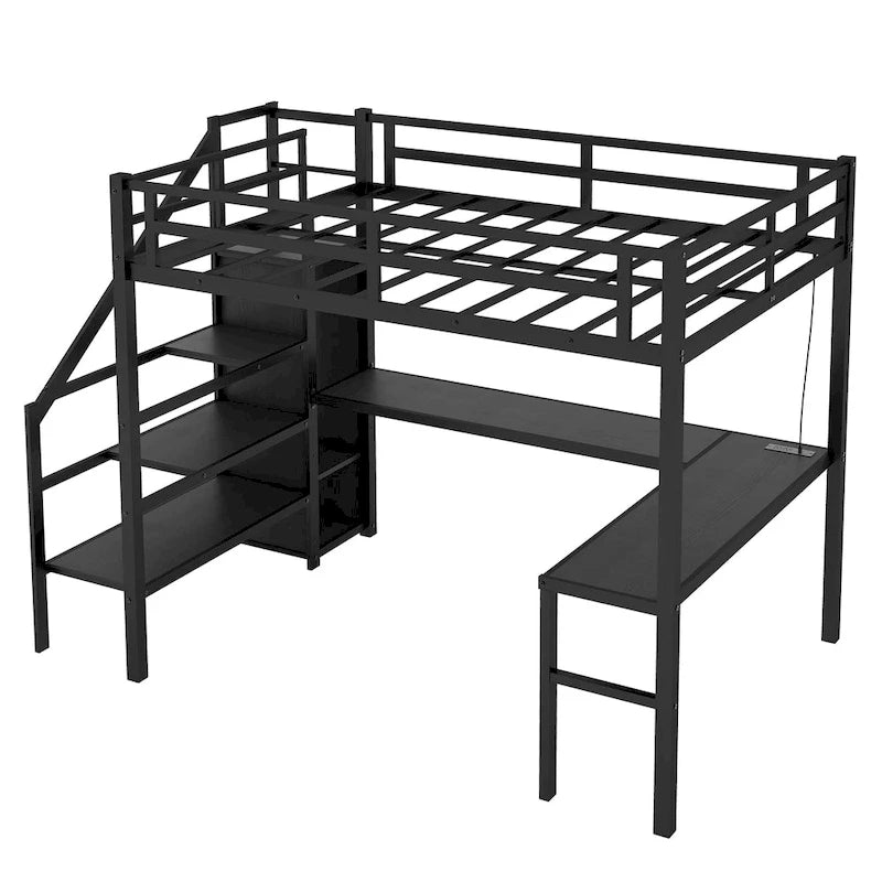 Lit surélevé double XL avec bureau en L et port USB