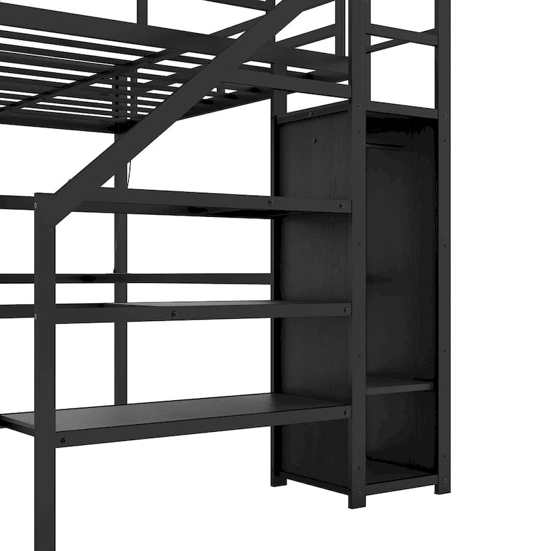 Lit surélevé double XL avec bureau en L et port USB