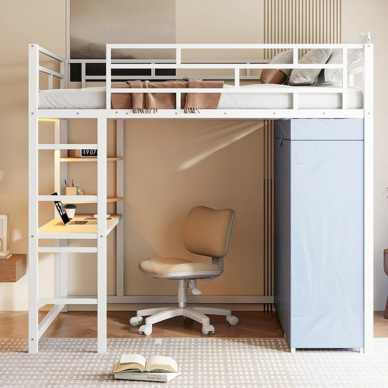 Lit mezzanine double en métal avec bureau, étagères, prise de courant, lumière LED et armoire