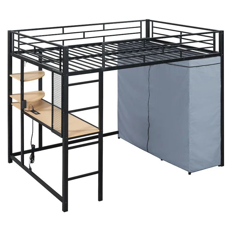 Lit mezzanine double en métal avec bureau, étagères, prise de courant, lumière LED et armoire