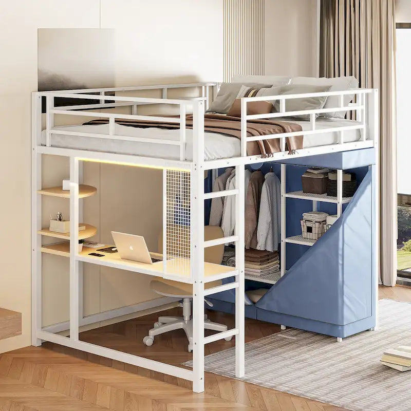 Full Size Loft Metal Bed with Desk,Shelves,Power Outlet,LED Light and Wardrobe