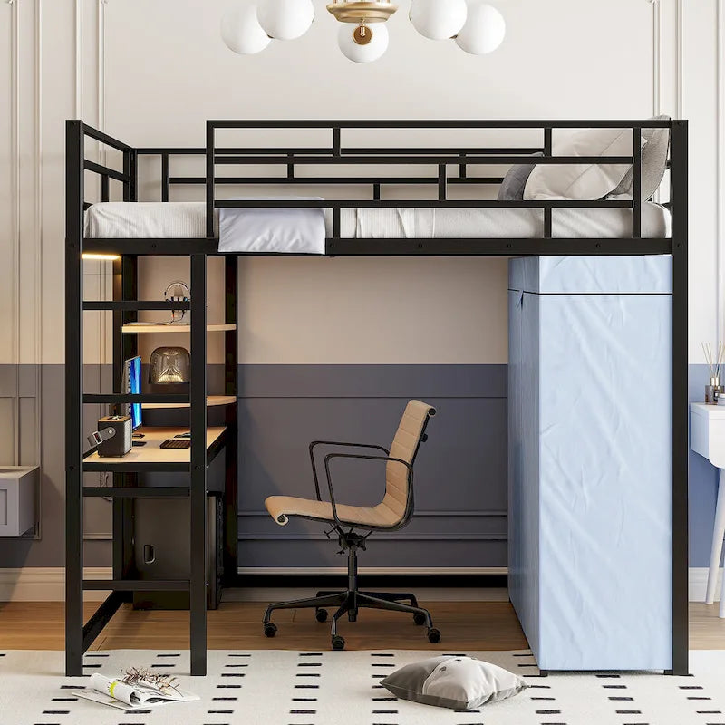 Lit mezzanine double en métal avec bureau, étagères, prise de courant, lumière LED et armoire