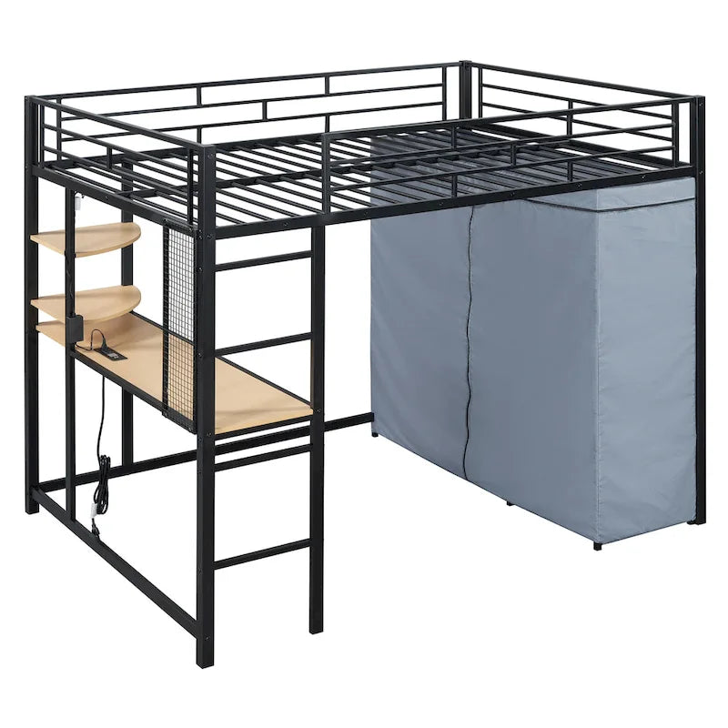 Lit mezzanine double en métal avec bureau, étagères, prise de courant, lumière LED et armoire
