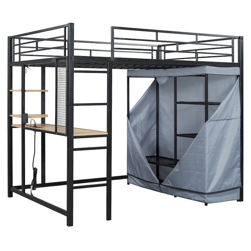 Lit mezzanine double en métal avec bureau, étagères, prise de courant, lumière LED et armoire