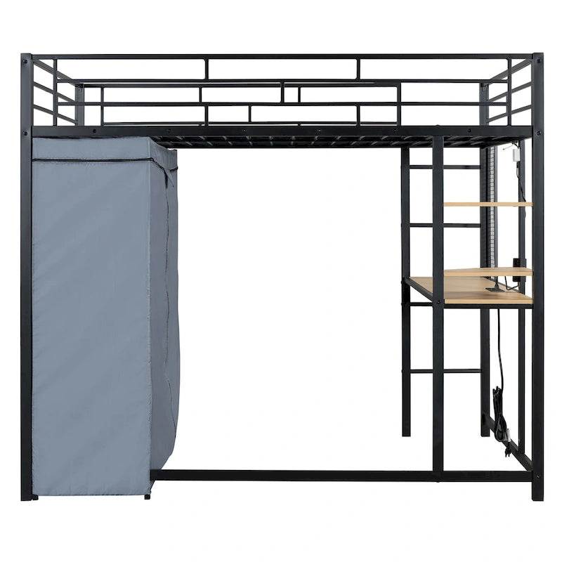 Lit mezzanine double en métal avec bureau, étagères, prise de courant, lumière LED et armoire