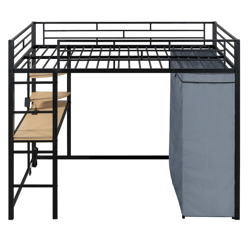 Lit mezzanine double en métal avec bureau, étagères, prise de courant, lumière LED et armoire