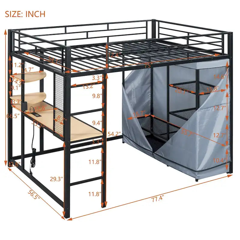 Lit mezzanine double en métal avec bureau, étagères, prise de courant, lumière LED et armoire