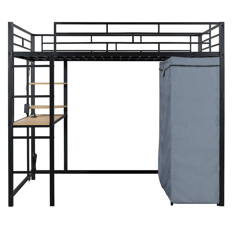 Lit mezzanine double en métal avec bureau, étagères, prise de courant, lumière LED et armoire