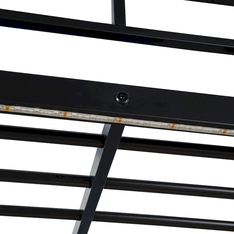 Lit mezzanine double en métal avec bureau, étagères, prise de courant, lumière LED et armoire