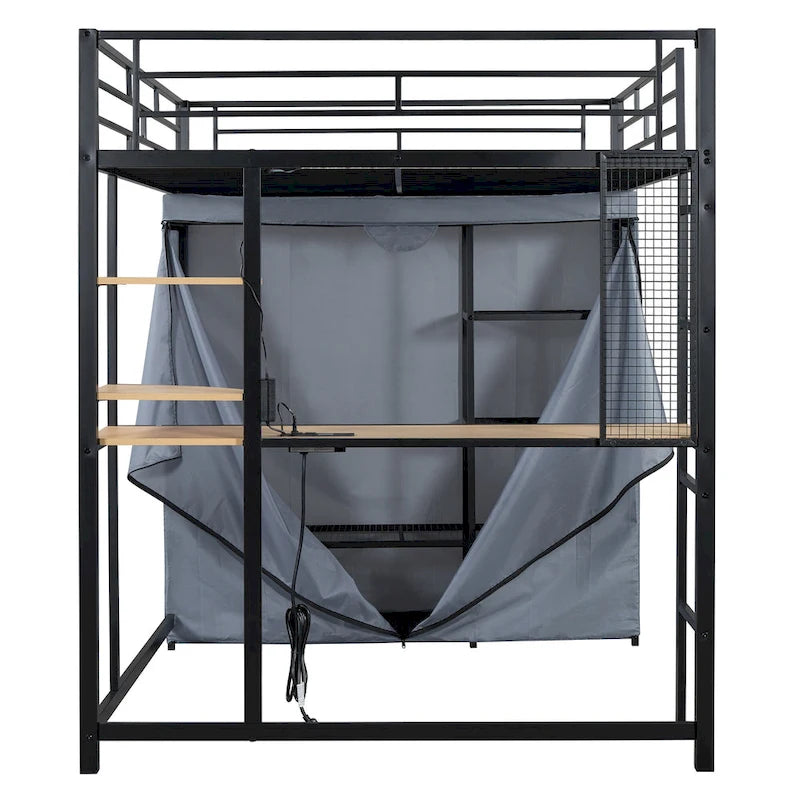 Lit mezzanine double en métal avec bureau, étagères, prise de courant, lumière LED et armoire