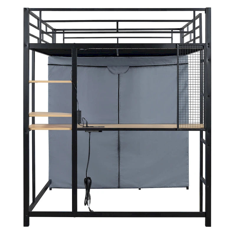 Lit mezzanine double en métal avec bureau, étagères, prise de courant, lumière LED et armoire
