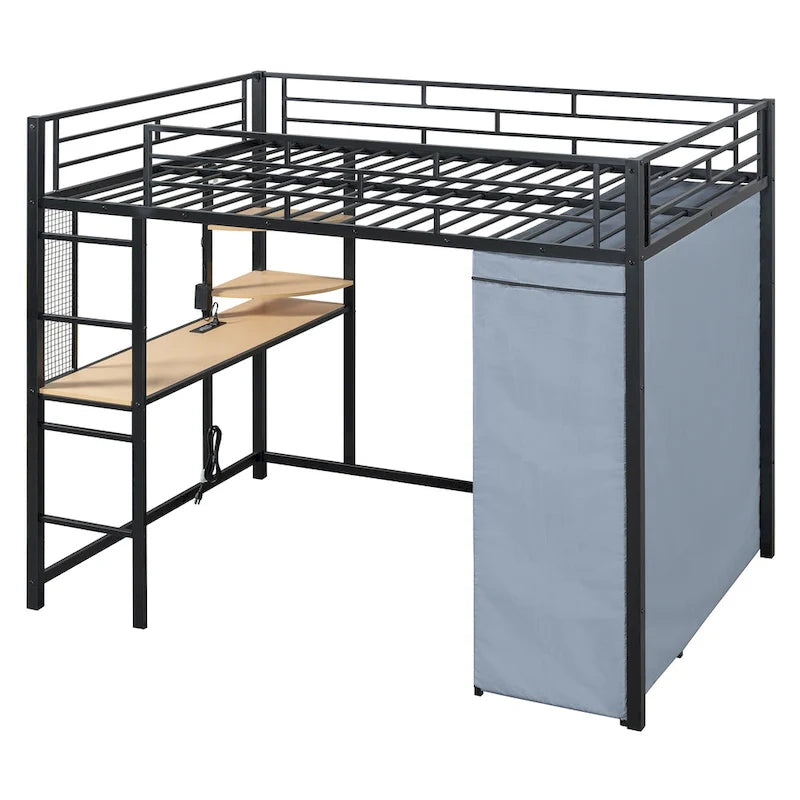 Lit mezzanine double en métal avec bureau, étagères, prise de courant, lumière LED et armoire