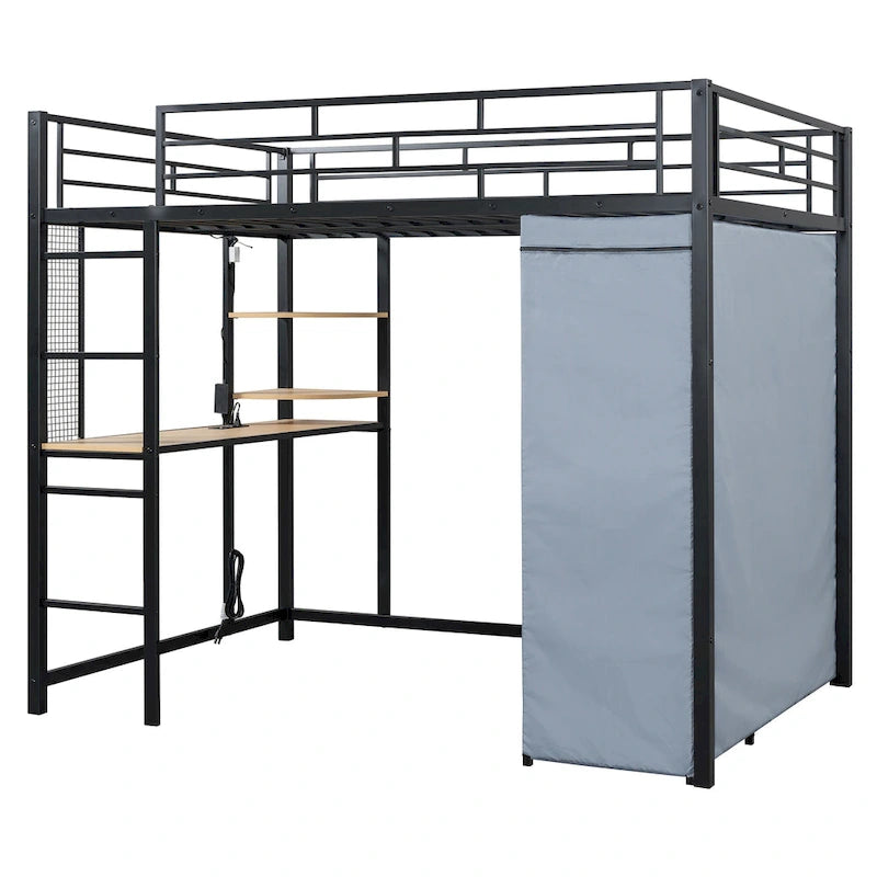 Lit mezzanine double en métal avec bureau, étagères, prise de courant, lumière LED et armoire