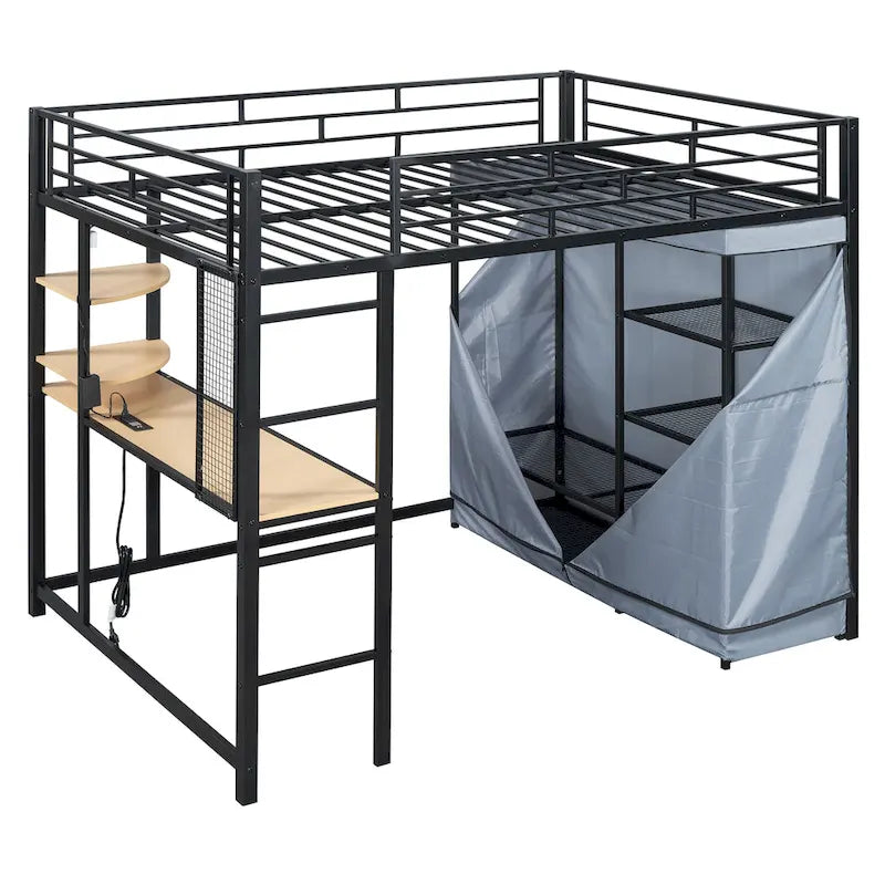 Lit mezzanine double en métal avec bureau, étagères, prise de courant, lumière LED et armoire