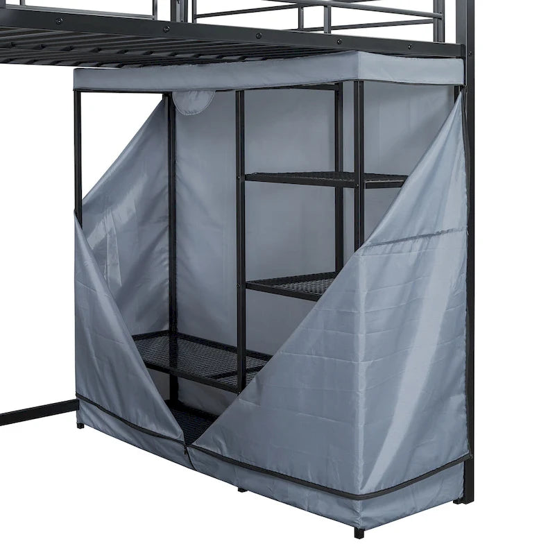 Lit mezzanine double en métal avec bureau, étagères, prise de courant, lumière LED et armoire
