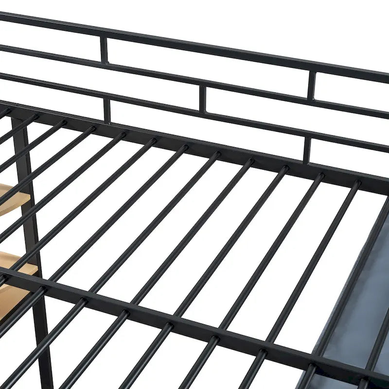 Lit mezzanine double en métal avec bureau, étagères, prise de courant, lumière LED et armoire