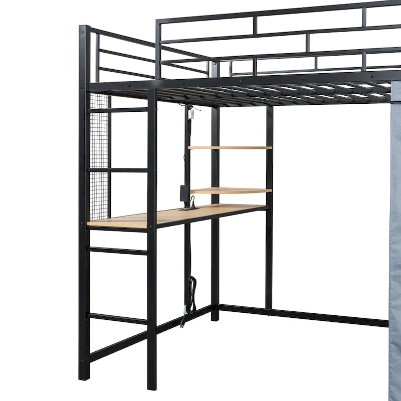 Lit mezzanine double en métal avec bureau, étagères, prise de courant, lumière LED et armoire