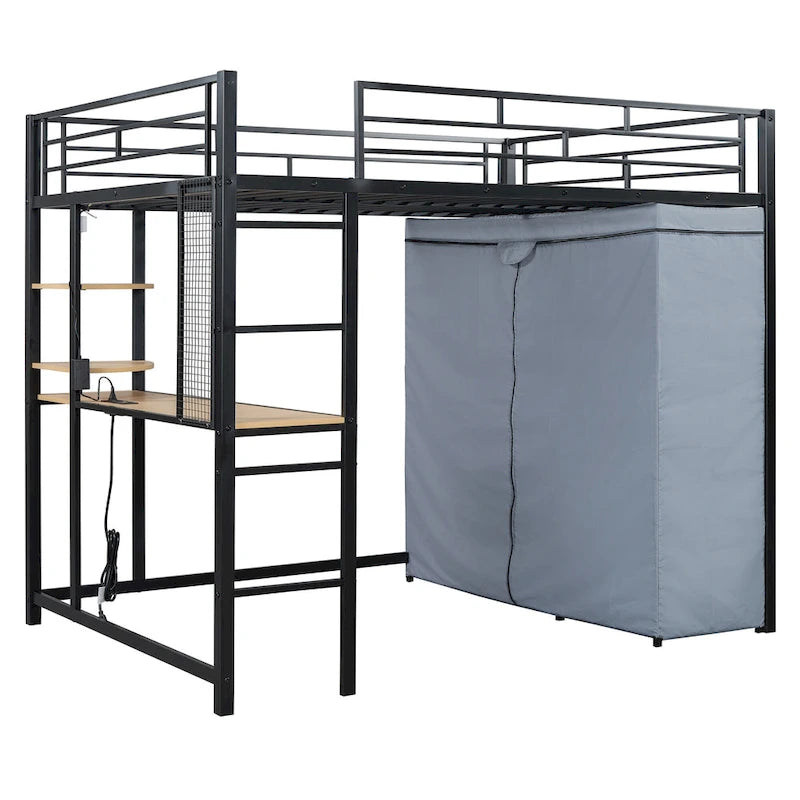 Lit mezzanine double en métal avec bureau, étagères, prise de courant, lumière LED et armoire