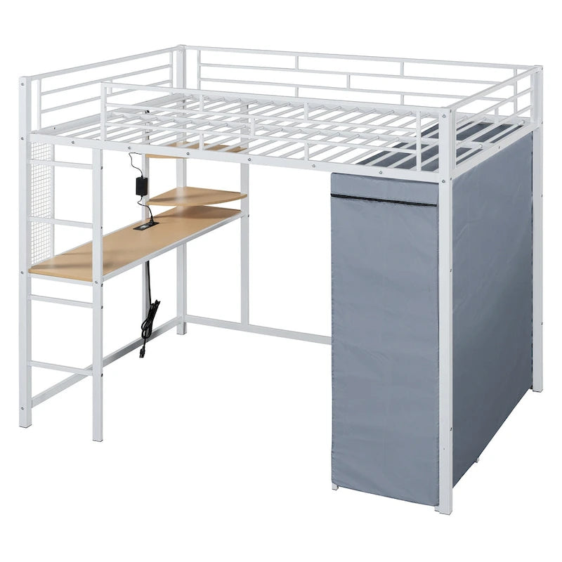 Lit mezzanine double en métal avec bureau, étagères, prise de courant, lumière LED et armoire