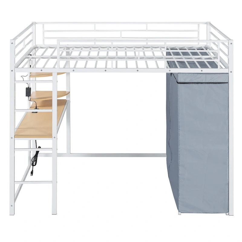 Lit mezzanine double en métal avec bureau, étagères, prise de courant, lumière LED et armoire