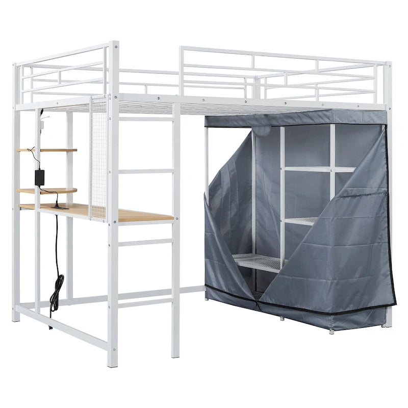 Lit mezzanine double en métal avec bureau, étagères, prise de courant, lumière LED et armoire