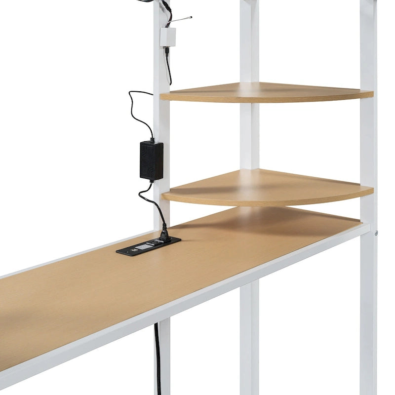 Lit mezzanine double en métal avec bureau, étagères, prise de courant, lumière LED et armoire