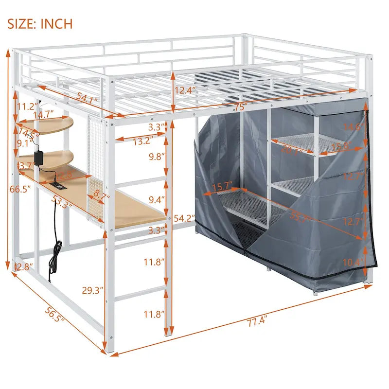 Lit mezzanine double en métal avec bureau, étagères, prise de courant, lumière LED et armoire