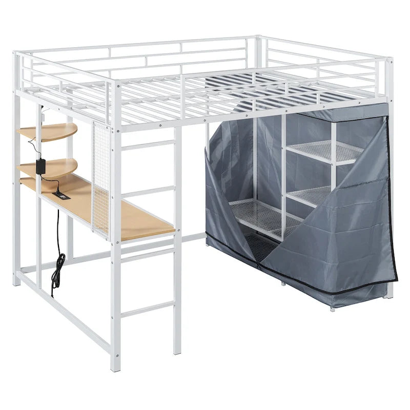 Lit mezzanine double en métal avec bureau, étagères, prise de courant, lumière LED et armoire