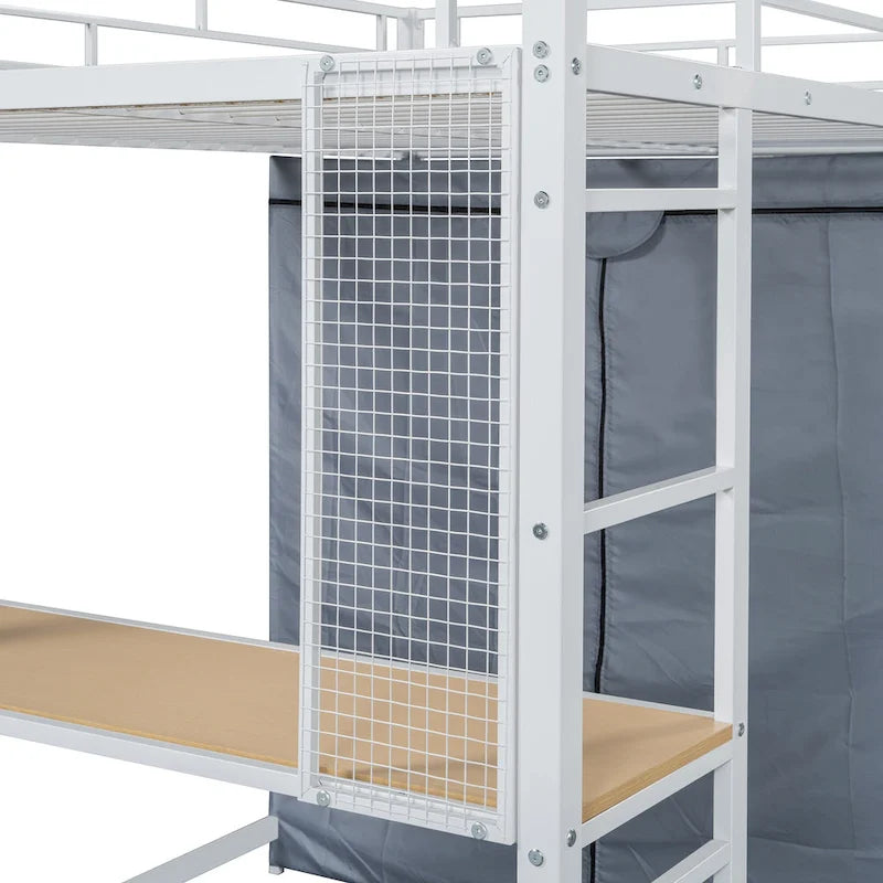 Lit mezzanine double en métal avec bureau, étagères, prise de courant, lumière LED et armoire