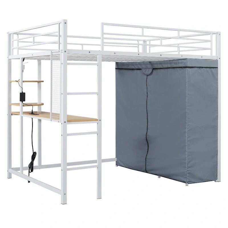 Lit mezzanine double en métal avec bureau, étagères, prise de courant, lumière LED et armoire