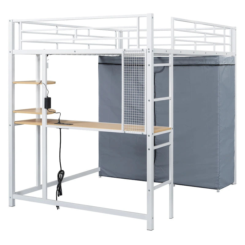 Lit mezzanine double en métal avec bureau, étagères, prise de courant, lumière LED et armoire