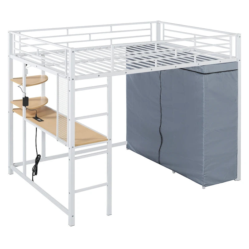 Lit mezzanine double en métal avec bureau, étagères, prise de courant, lumière LED et armoire