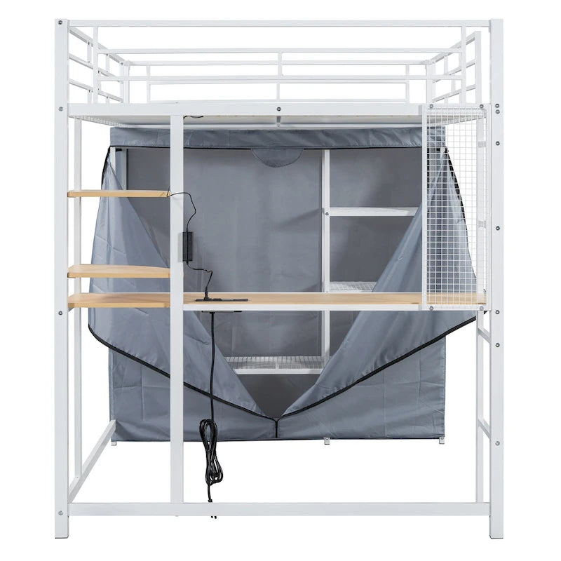 Lit mezzanine double en métal avec bureau, étagères, prise de courant, lumière LED et armoire