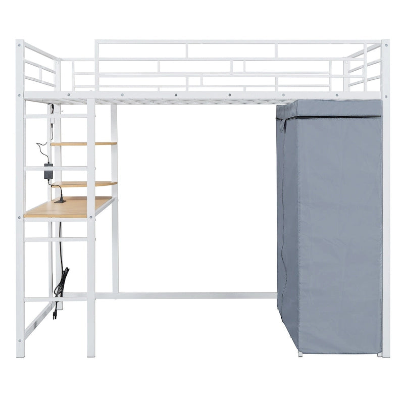 Lit mezzanine double en métal avec bureau, étagères, prise de courant, lumière LED et armoire